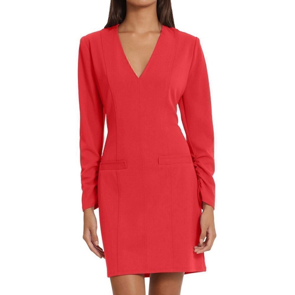 Donna Morgan Women's Long Sleeve V-Neck Dress with Faux Pockets